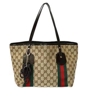 Gucci Beige GG Canvas Shoulder Tote with Green and Red Stripes